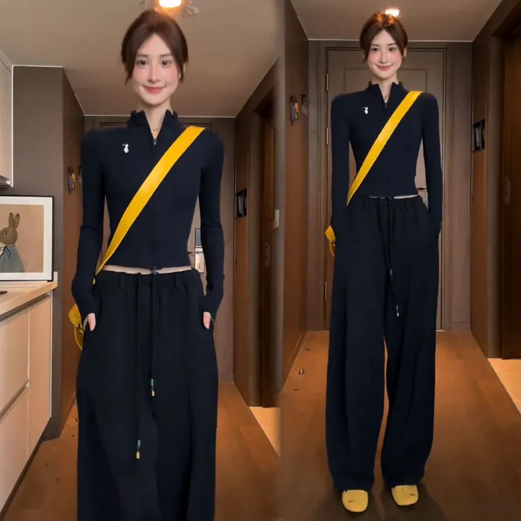时尚休闲套装女2025秋季新款洋气立领开衫上衣阔腿裤两件套潮