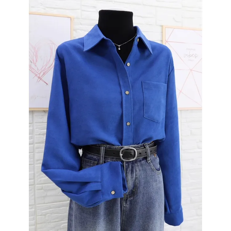 搭牛仔裤的衬衫秋冬新款叠穿衬衣女内搭高级感克莱因蓝色磨毛衬衫