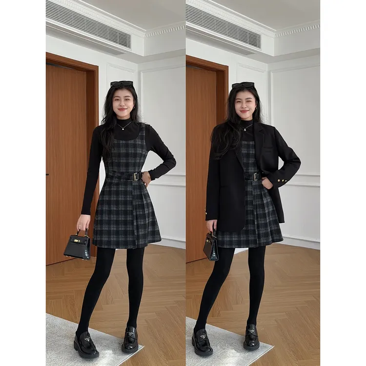 张阿星【日杂格纹裙】秋冬假两件半高领格纹撞色拼接收腰修身连衣裙