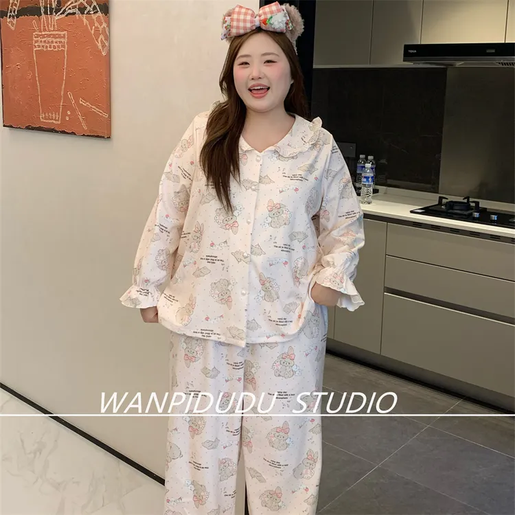 大码睡衣胖MM200斤秋冬长袖长裤德绒粉兔卡通软萌甜妹