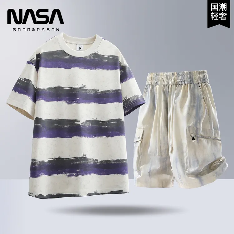 NASA冰丝短袖T恤短裤两件套男夏季美式高街轻奢宽松百搭休闲套装