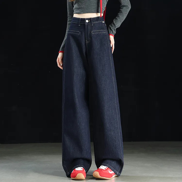 丹宁蓝阔腿牛仔裤女秋冬2025新款高腰显瘦窄版直筒裤百搭拖地长裤