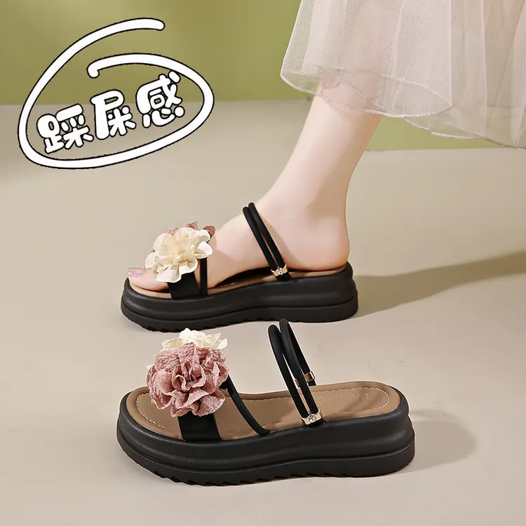 厚底花朵凉鞋女夏外穿海边沙滩鞋2025新款时尚百搭一字凉拖鞋两穿