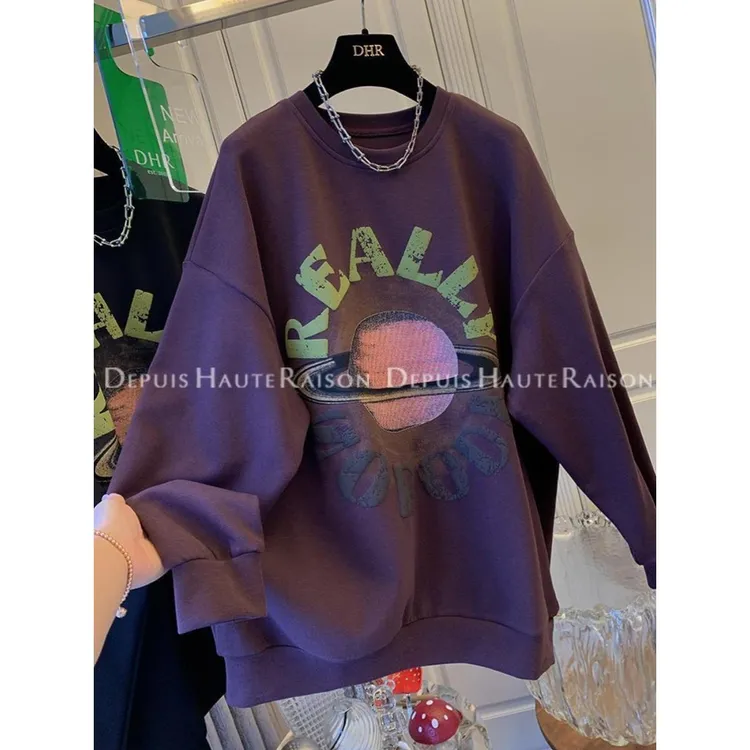 加大码300斤美式复古星球印花卫衣男女装春季宽松百搭长袖上衣潮2