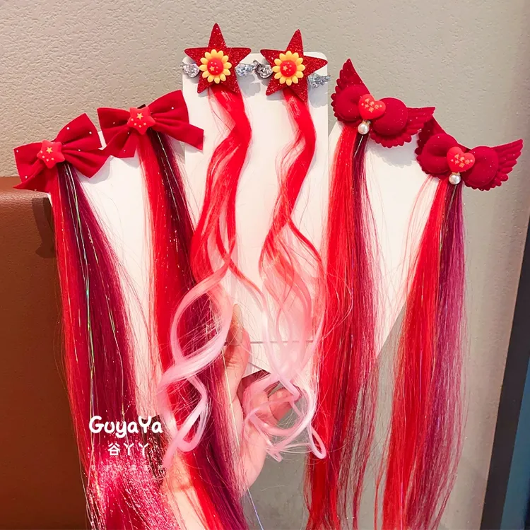 儿童十一国庆节红色假发辫子发夹子侧边夹发饰女童双马尾编发头饰