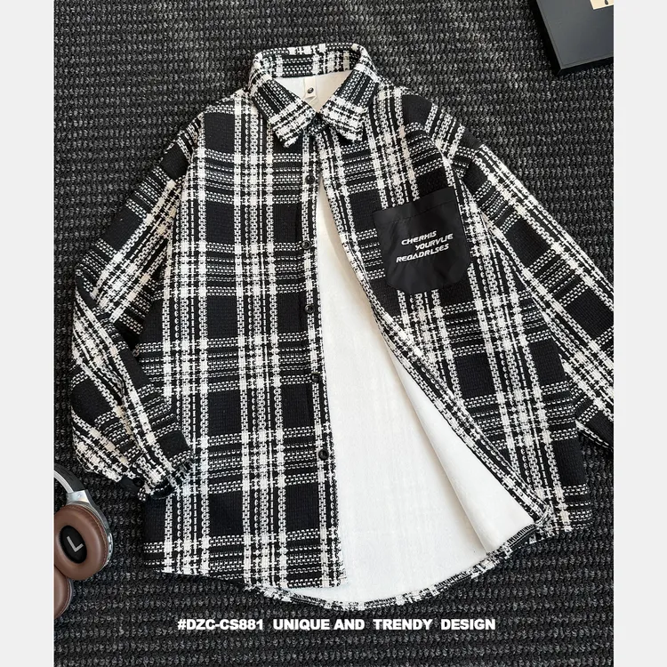 小香风秋冬加绒保暖叠穿衬衫外套情侣款编织肌理厚款韩版格纹外套