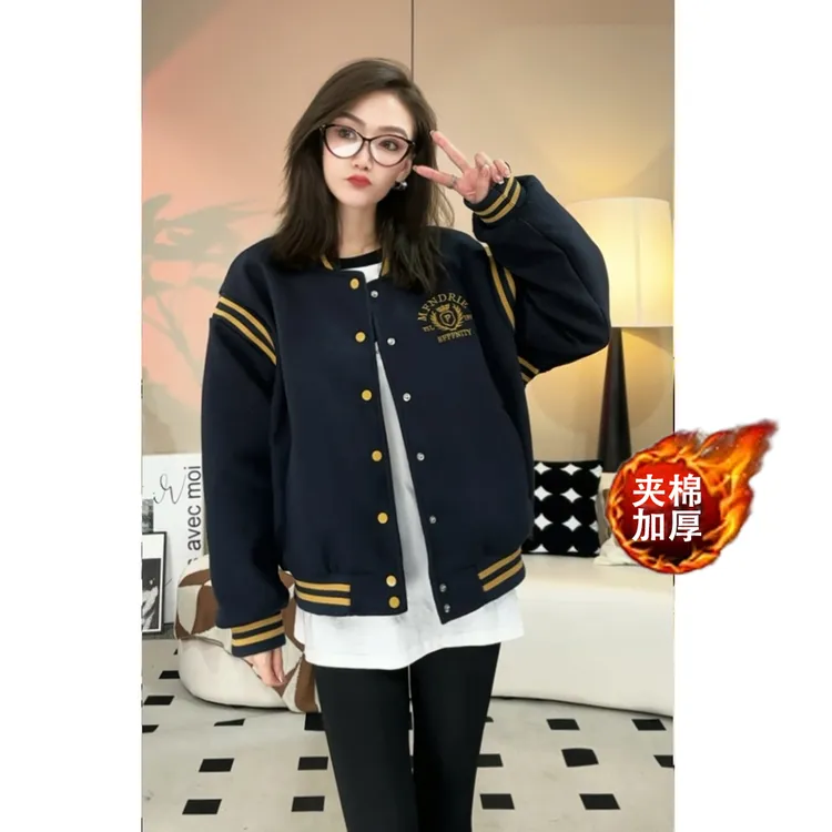 YH秋冬新款棒球服外套长袖短外套休闲拼接宽松韩版毛呢加厚保暖