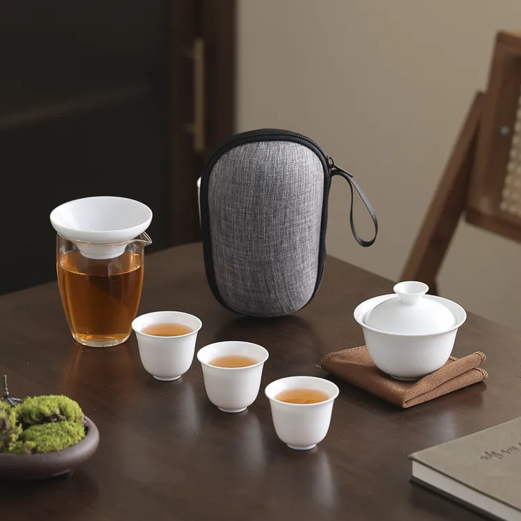 便携式露营茶具套装一壶三杯盖碗收纳包户外定制白瓷陶瓷快客杯