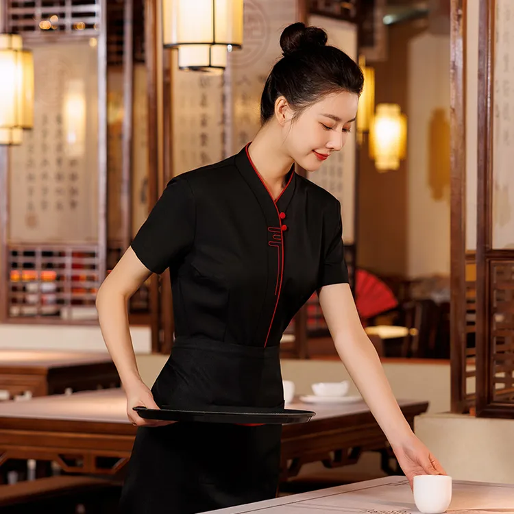 高档餐厅服务员工作服女夏季短袖酒店餐饮茶楼饭店火锅店员工服装