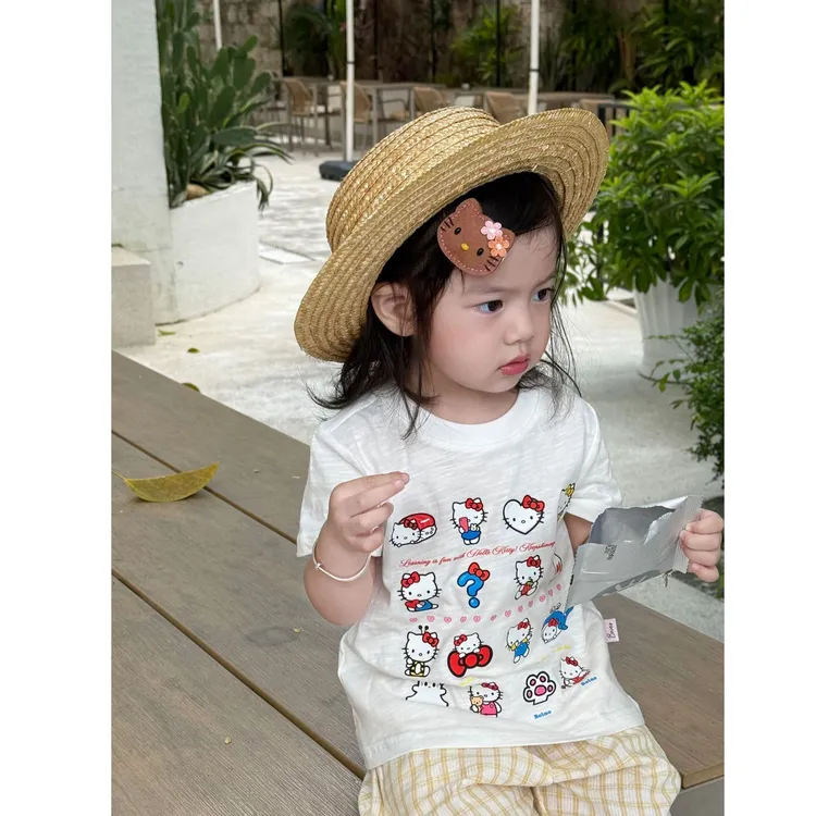 壹妈韩版童装女童夏季套装洋气儿童kt猫T恤短袖黄色格子防蚊裤子