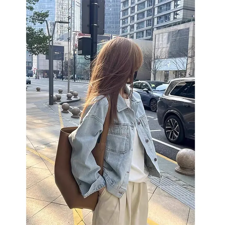 2025年春秋新款韩系宽松百搭夹克长袖上衣高级感复古蓝牛仔外套女