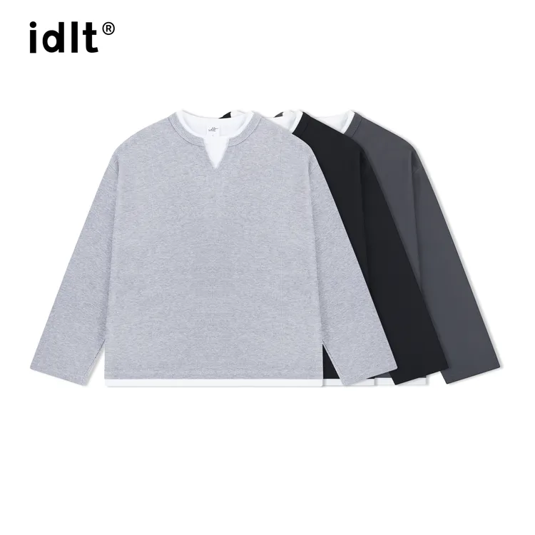 idltBOXY版型华夫格亨利开叉领假两件宽松长袖T恤男cleanfit TW02