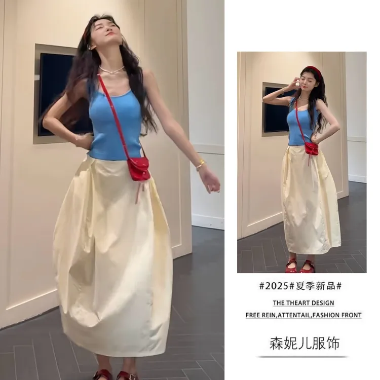 夏季温柔系穿搭女2025新款休闲时尚U领背心显瘦宽松半身裙两件套