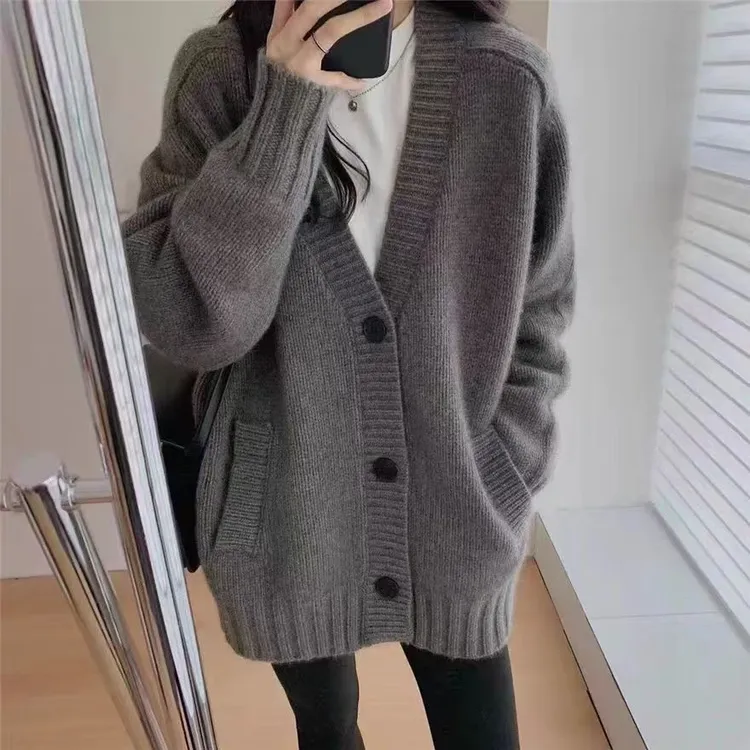 灰色格雷系纯羊毛开衫女秋冬加厚新款v领针织毛衣外套中长款上衣