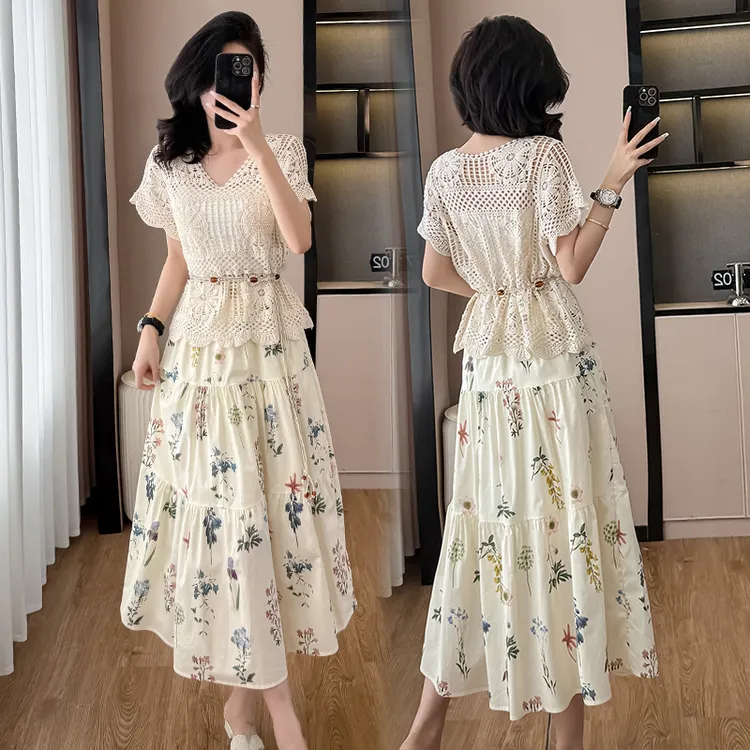 YZ专柜品质复古镂空收腰系罩衫女夏季抹胸吊带背心碎花蛋糕裙套装