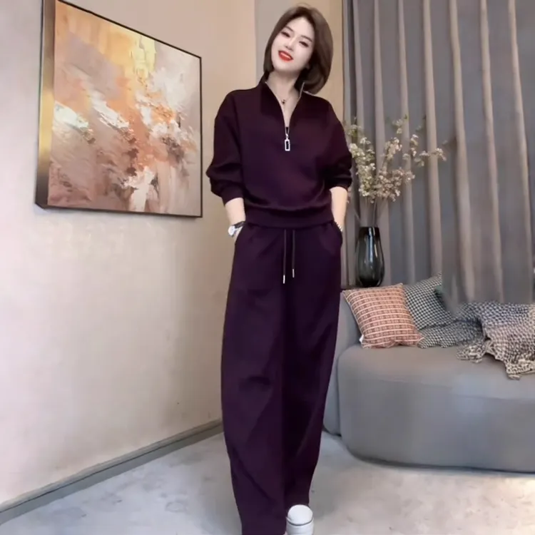欧货休闲运动套装女2025新款春秋紫色半拉链翻领卫衣阔腿裤两件套