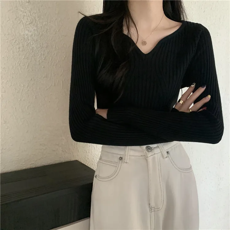 La Chapelle/拉夏贝尔早秋短款V领长袖打底衫修身针织女内搭上衣