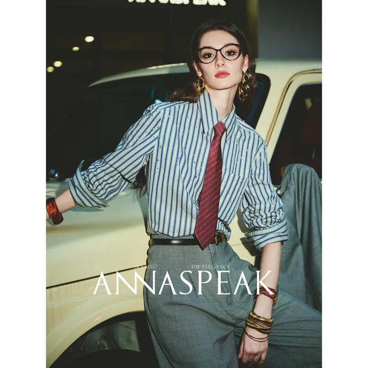 ANNASPEAK“满天星"欧洲进口RIOPELE匹马棉烫钻抗皱条纹长袖衬衫女