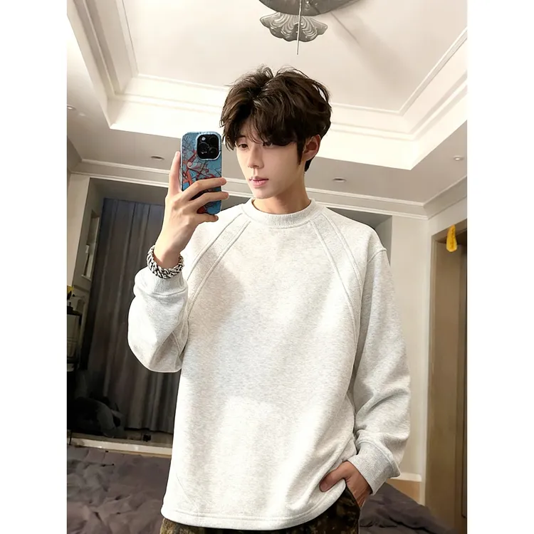 白花灰美式重磅长袖t恤男款冬季boxy加绒卫衣cleanfit内搭打底衫