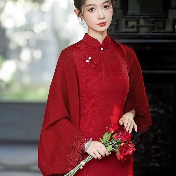 红色旗袍披肩2025新款短外春秋订婚高贵时尚洋气高档开衫外套百搭