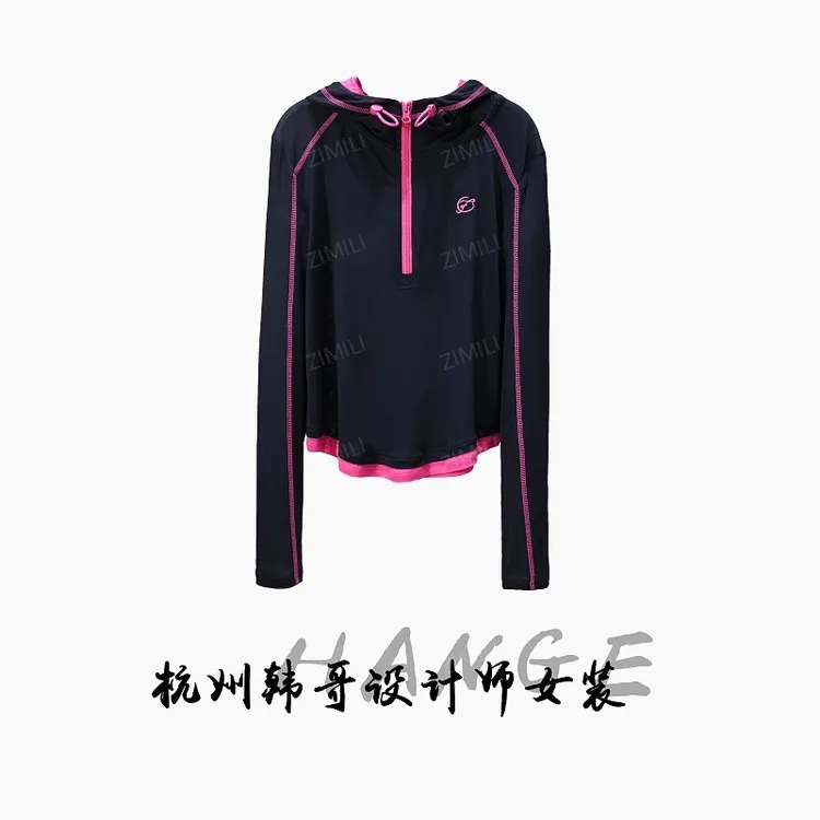 【韩哥女装】欧版设计小众黑色刺绣拼接时尚休闲连帽高弹上衣7999