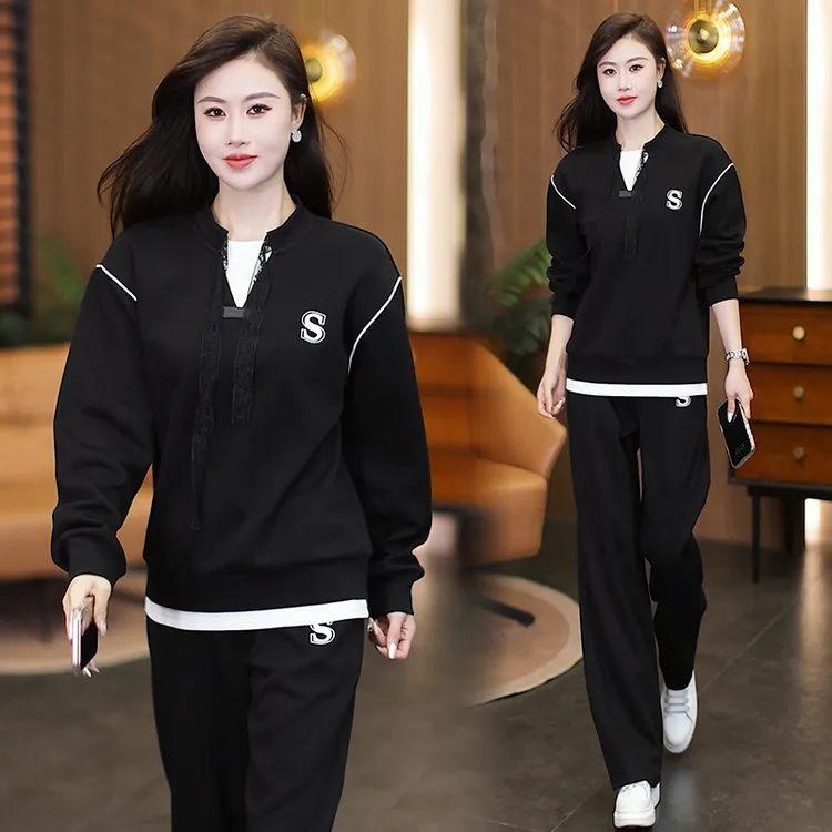 大码运动服休闲套装女士2025秋新款时尚字母洋气卫衣阔腿裤两件套