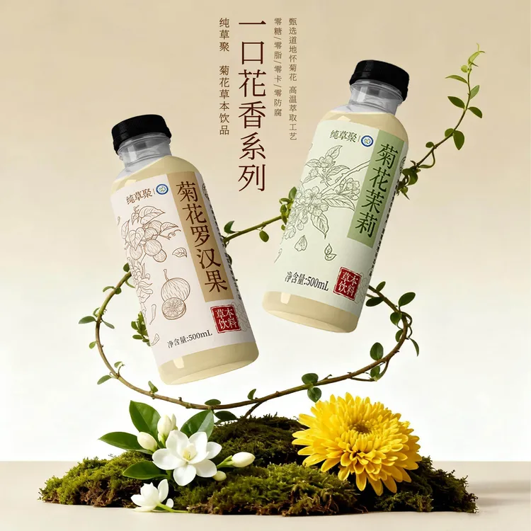 【达人专享】纯草聚菊花茉莉花茶500ml罗汉果草本花味无糖茶饮料