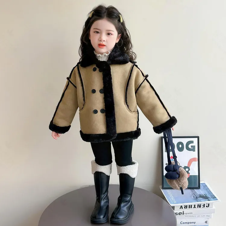 女童韩版加绒皮毛一体外套冬季保暖儿童加厚上衣小童冬款宝宝童装
