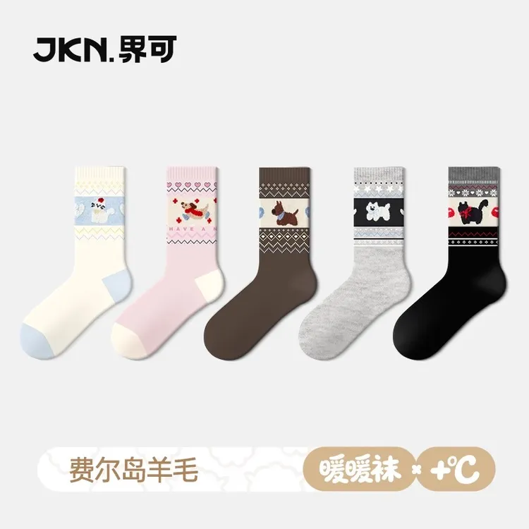 JKN冬天保暖加厚羊毛袜女袜费尔岛风网红同款卡通无骨凸凸中筒袜