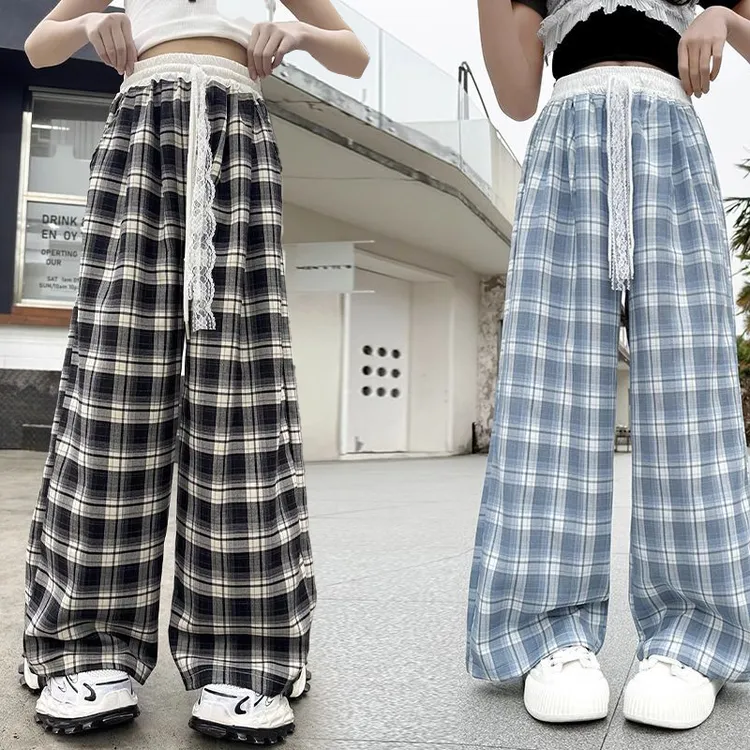 女童洋气裤子2025夏装新款百搭休闲运动垂感冰丝格子阔腿直筒长裤
