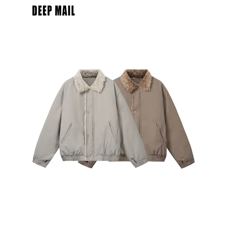 DEEPMAIL 加绒加厚毛领男冬季短款棉服复古保暖棉衣工装休闲外套