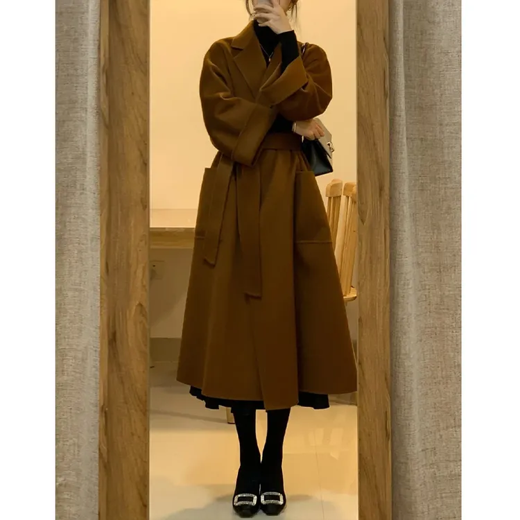美啦德咖双面羊毛大衣女中长款双面绒西装领宽松气质时尚毛呢外套