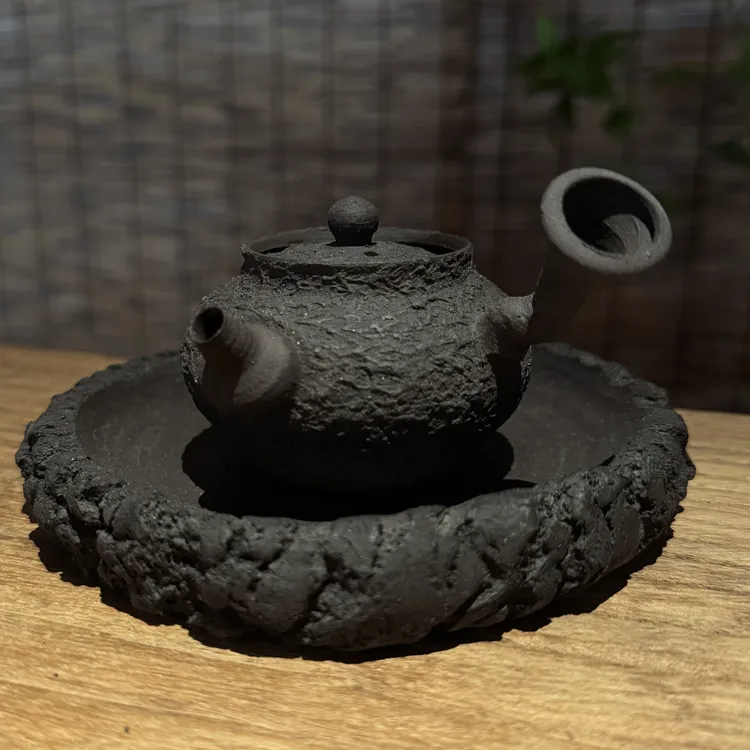 侧把黑陶柴烧手拉壶粗陶肌理小把泡茶壶100cc