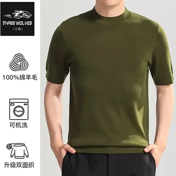 100支双面精纺100%绵羊毛可机洗秋冬季男士纯色短袖T恤针织打底衫