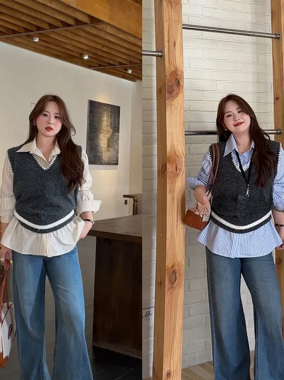 胖MM韩系时尚设计感条纹宽松收腰衬衣学院风简约百搭马甲衬衫套装