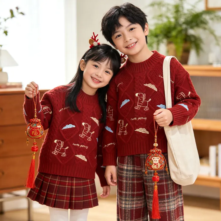 亲子装正版红色毛衣重工刺绣加厚儿童兄妹秋冬拜年新年针织圆领