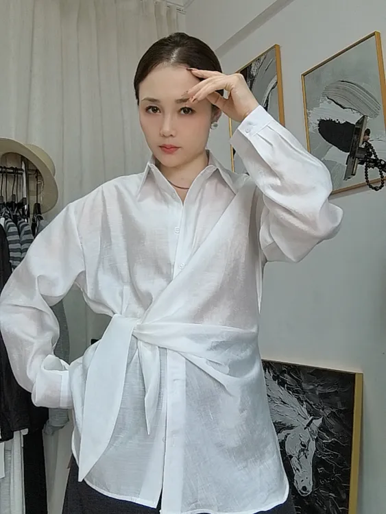 [2025早秋侧系带衬衫】女装衬衣宽松气质简约纯色高级爆款百搭衬衫