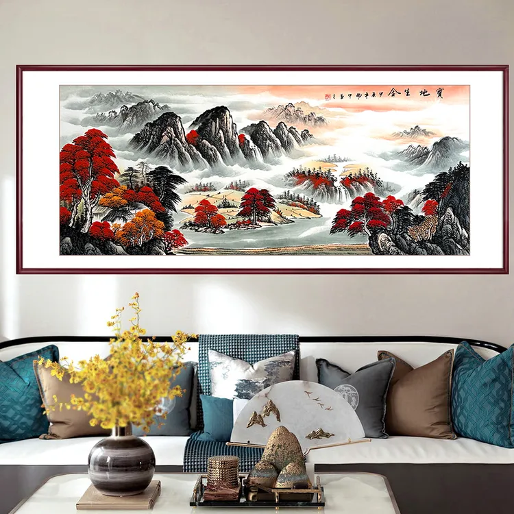 国画山水画客厅装饰画沙发背景墙挂画鸿运当头靠山图