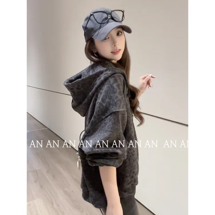 C09159美式时尚设计感宽松潮流百搭长袖连帽豹纹卫衣外套
