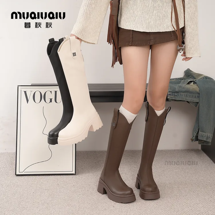 暮秋秋粗跟不过膝长靴女2025秋冬新款厚底增高显瘦英伦风瘦瘦靴子