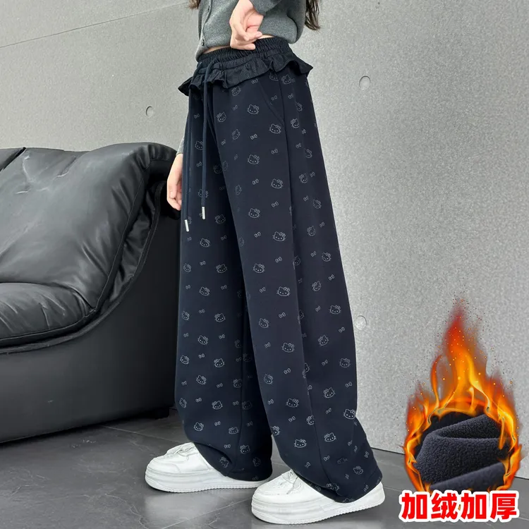 【丫丫童装】2025新款女中大童时尚KT刺绣宽松花边腰口阔腿裤-L664