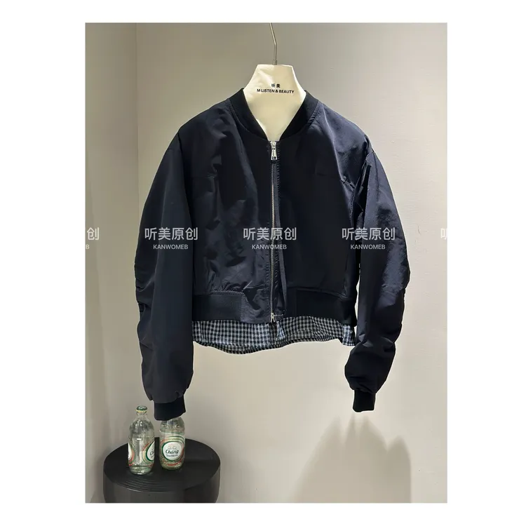 【媚儿推荐】棒球服短款外套拼接格子