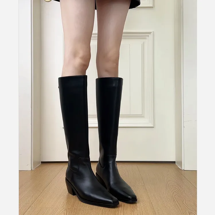 牛皮版~复古气质方头长靴粗跟高筒靴女显瘦简约百搭骑士靴内增高