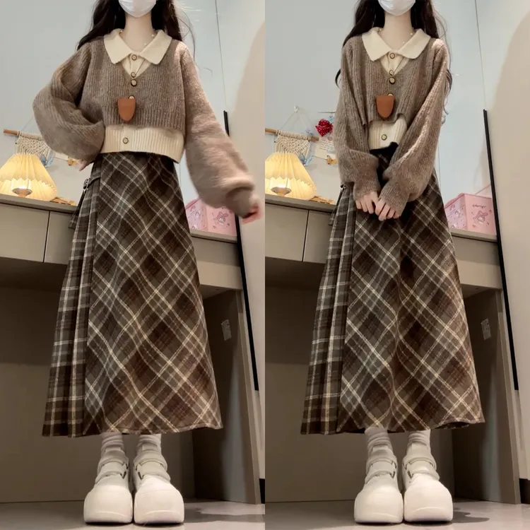 美拉德学院Polo领假两件毛衣秋季新款气质收腰格纹半身长裙两件套