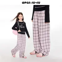 Opennunu女童复古学院风格子休闲裤秋季慵懒感松紧腰直筒长裤