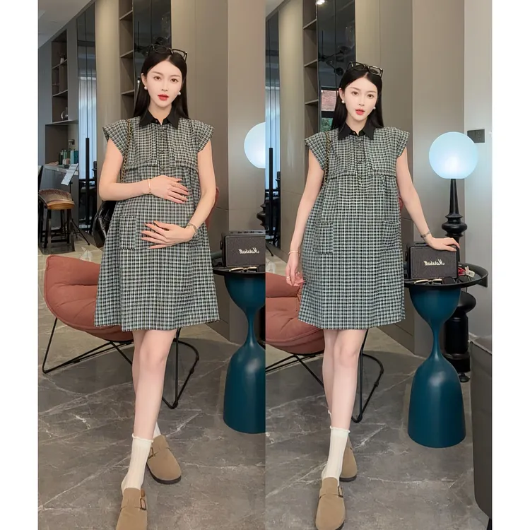 2025年时尚孕妇装夏季复古小个子格子宽松甜美娃娃裙大码连衣裙子
