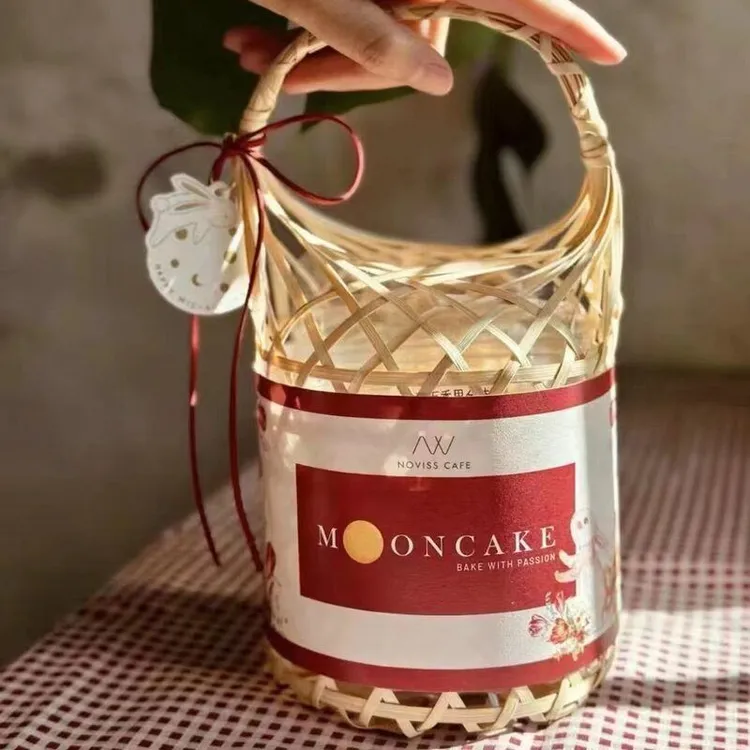 竹编中秋月饼礼盒包装盒手工竹编国风复古手提竹篮中式礼品盒空