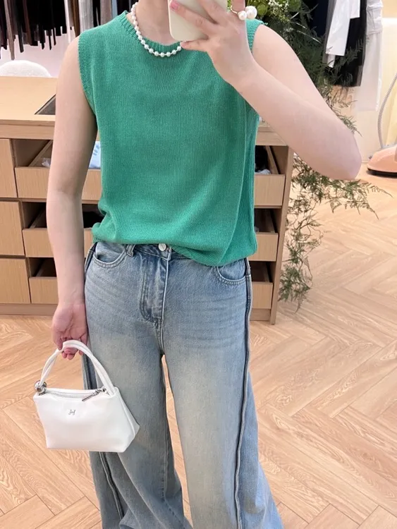 韩系度假风圆领无袖针织吊带背心薄款透气通勤显瘦短款百搭打底