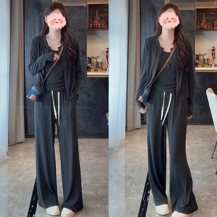 2025早秋新款懒惰风松弛感宽松开衫加舒适美背休闲百搭直筒裤套装