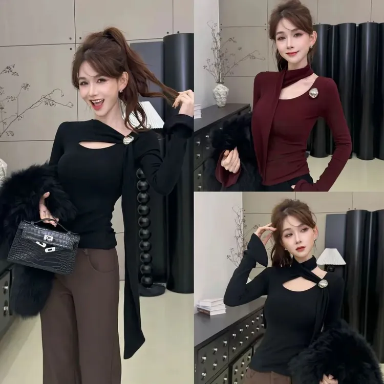 韩版甜酷辣妹风飘带立体装饰设计感修身显瘦百搭加绒露锁骨上衣女
